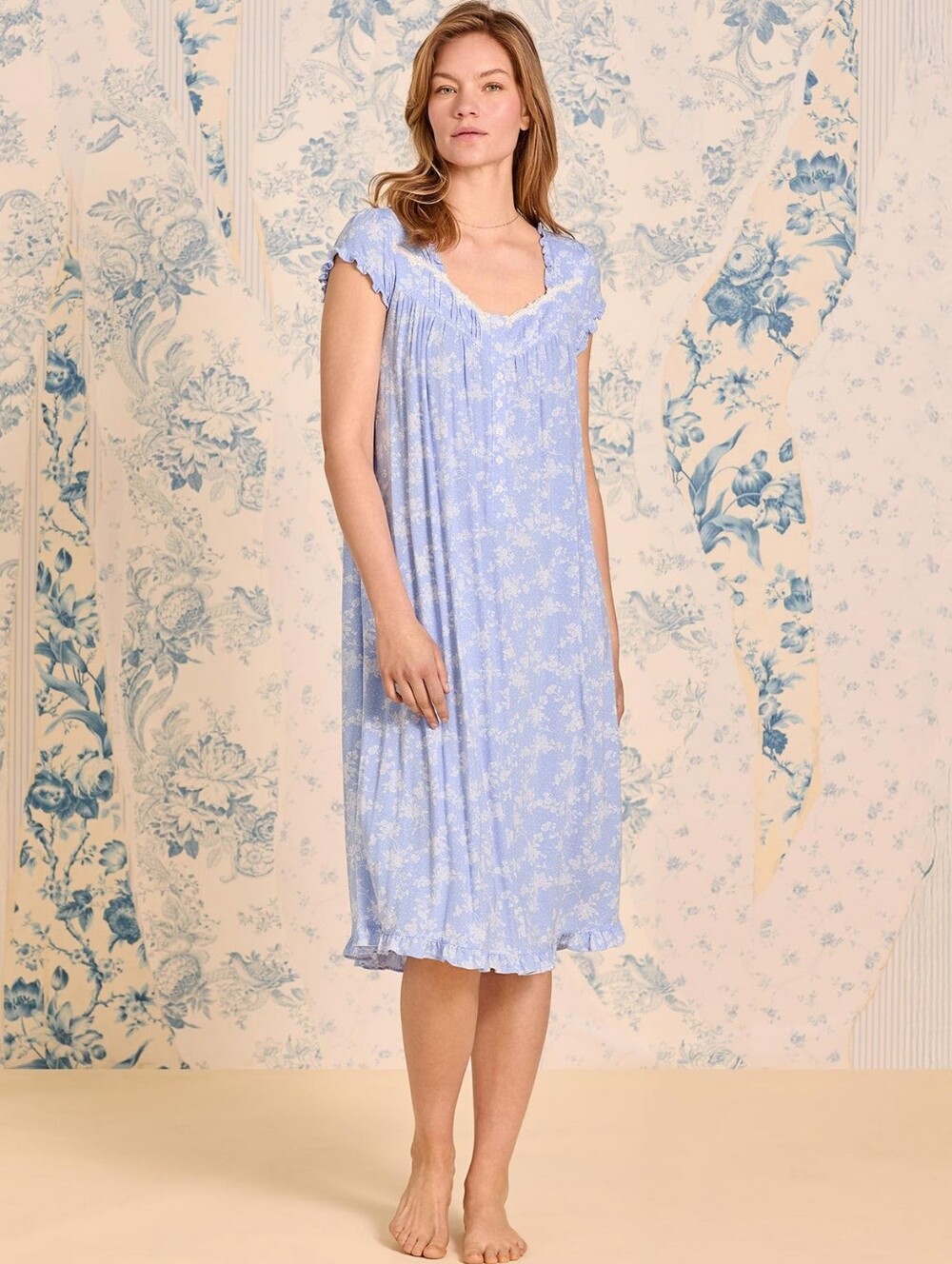 Eileen West Cornflower Toile Modal Jersey Cap Sleeve Waltz Nightgown - Picture 2 of 13